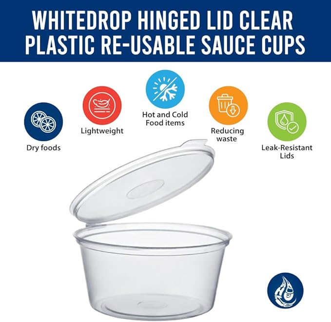 Whitedrop Clear Plastic Sauce Cups | Hinged Lid Reusable Containers | Ideal for Dips, Sauces, Takeaway, Meal Prep, Freezing & Food Storage - Image 3