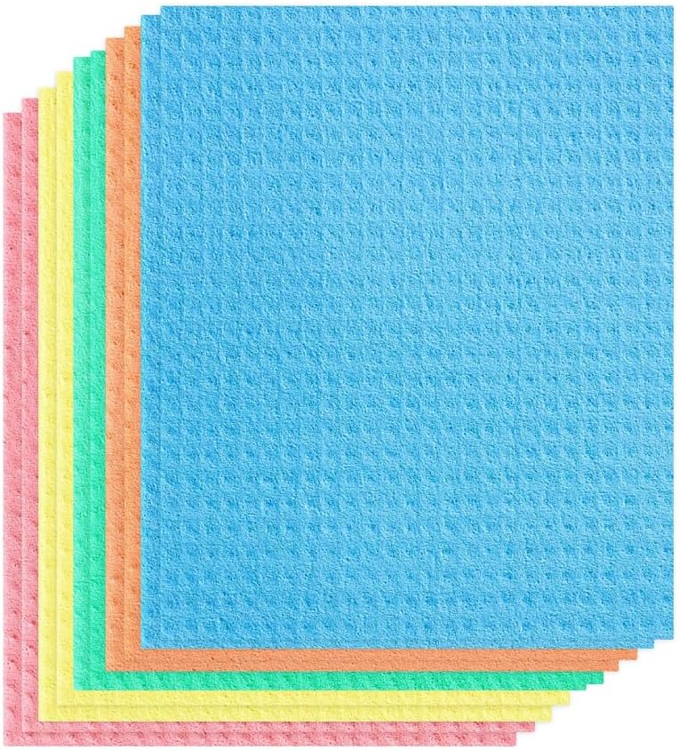 Whitedrop 10 PCS Cellulose Sponge Dish Cloths. Reusable Odor-Free Multi-Colored Cleaning Cloths for Kitchen & Home