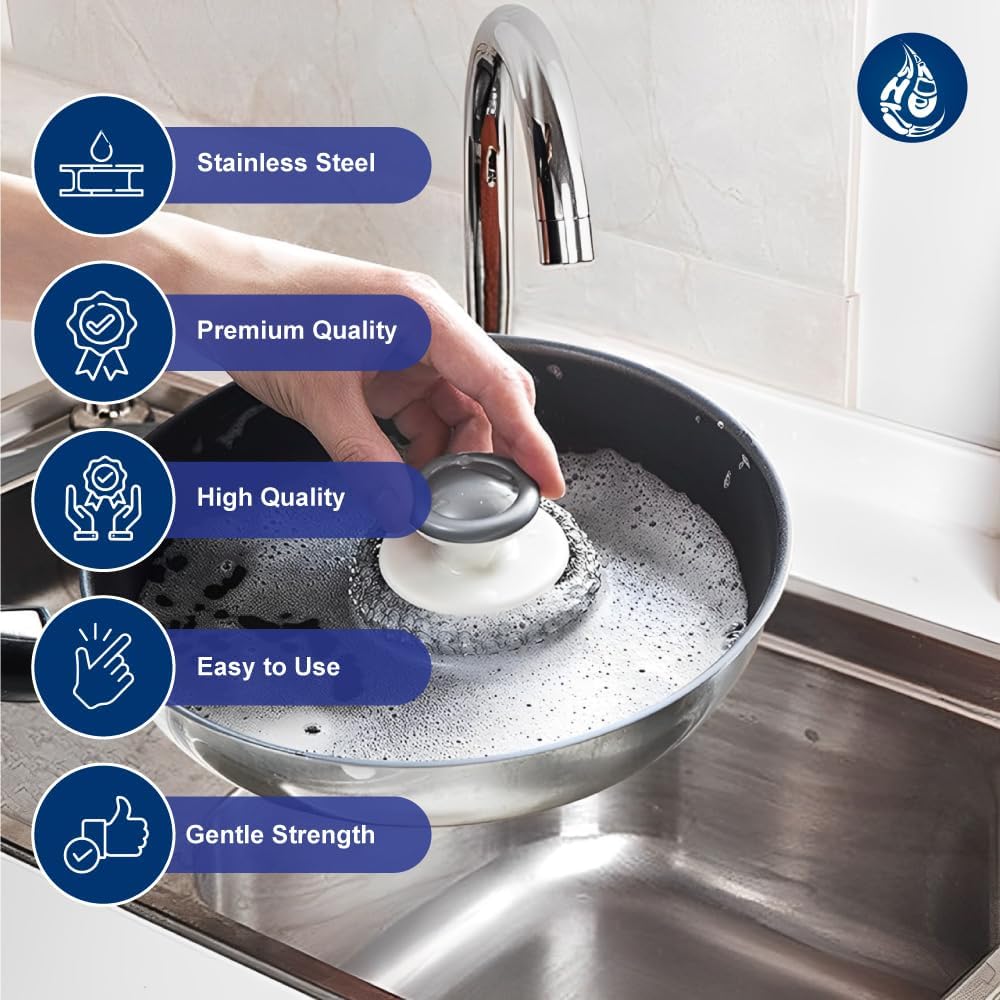 Whitedrop Steel Wool Scrubber | Stainless Steel Scourer with Handle | Heavy Duty Cleaning Pad for Tough Cleaning & Washing Dishes | (2PC) - Image 5